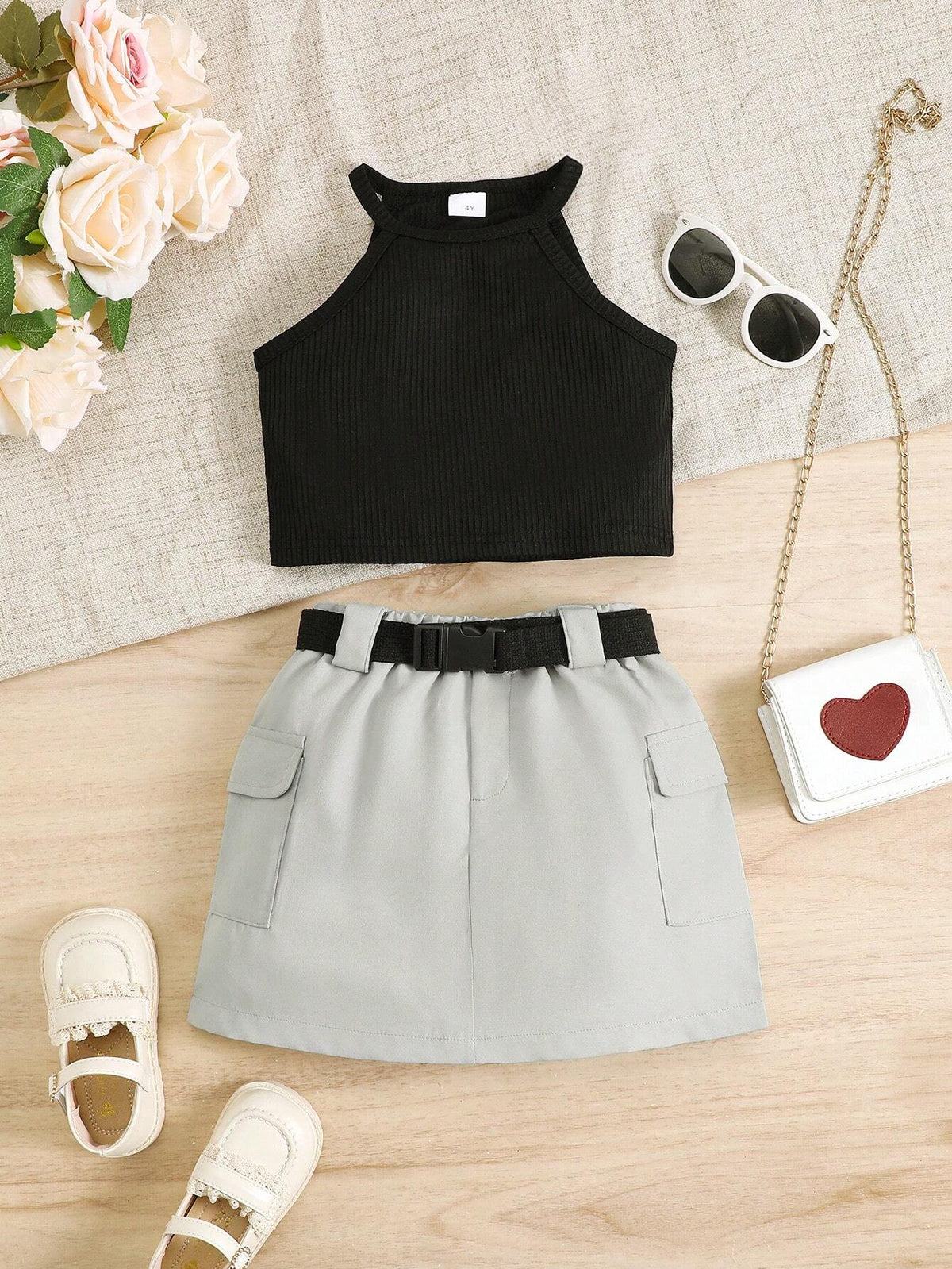 Girl Set Of 2 Comprising A Knitted Tank Top Vest With Straps, A Functional Style Skirt, And An Adjustable Waist Casual And Stylish Belt