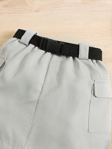 Girl Set Of 2 Comprising A Knitted Tank Top Vest With Straps, A Functional Style Skirt, And An Adjustable Waist Casual And Stylish Belt