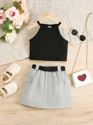 Girl Set Of 2 Comprising A Knitted Tank Top Vest With Straps, A Functional Style Skirt, And An Adjustable Waist Casual And Stylish Belt