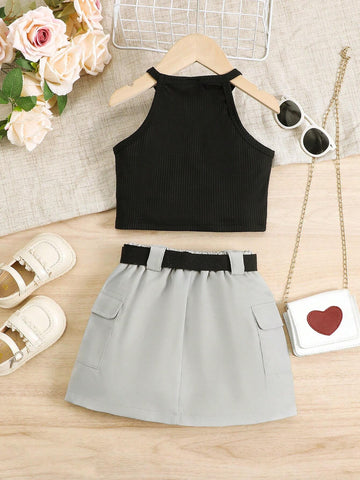 Girl Set Of 2 Comprising A Knitted Tank Top Vest With Straps, A Functional Style Skirt, And An Adjustable Waist Casual And Stylish Belt
