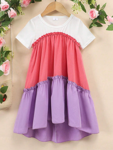 Girl Short Sleeve Round Neck Fashionable Patchwork Casual Dress