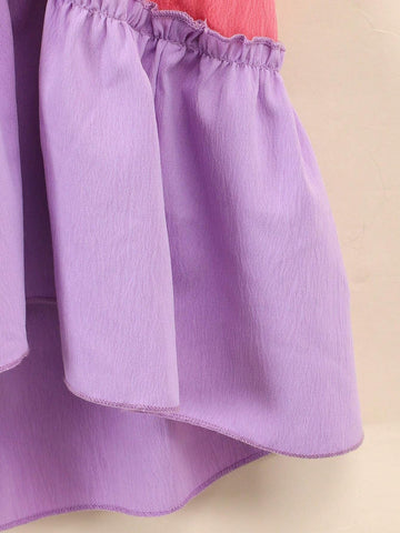 Girl Short Sleeve Round Neck Fashionable Patchwork Casual Dress