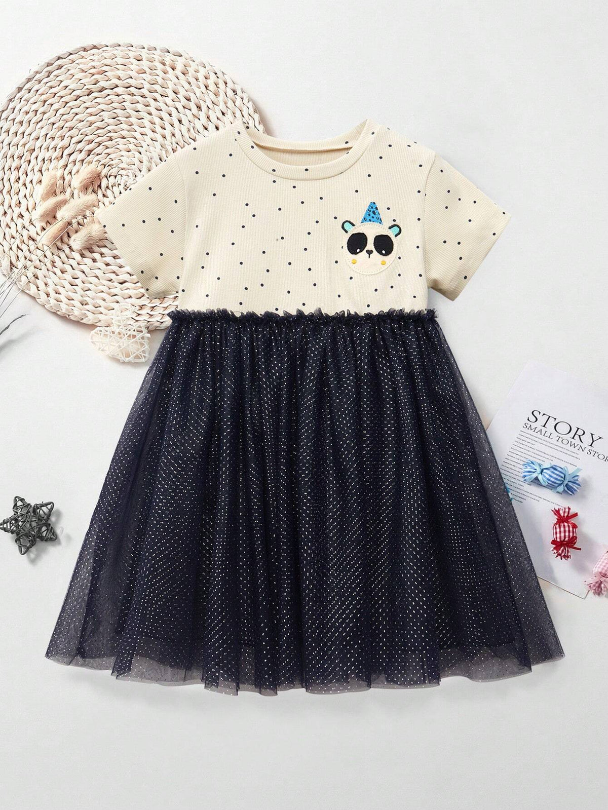 Girl Short Sleeve Silver/Pink Mesh Tulle Dress With Cartoon Panda Embroidery Pattern, Summer Fashionable Style
