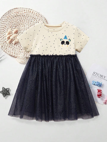 Girl Short Sleeve Silver/Pink Mesh Tulle Dress With Cartoon Panda Embroidery Pattern, Summer Fashionable Style