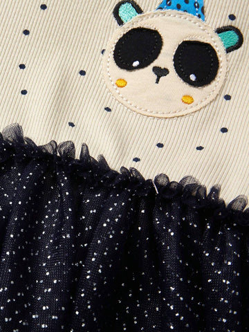 Girl Short Sleeve Silver/Pink Mesh Tulle Dress With Cartoon Panda Embroidery Pattern, Summer Fashionable Style