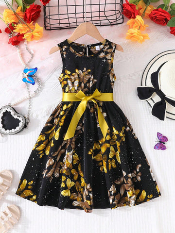 Girl Sleeveless Butterfly & Starry Sky Printed Dress With Round Neck, Silk Belt, Vacation Style For Summer