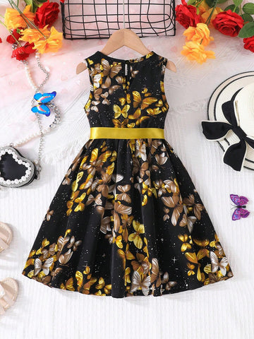 Girl Sleeveless Butterfly & Starry Sky Printed Dress With Round Neck, Silk Belt, Vacation Style For Summer