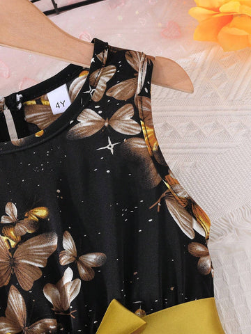 Girl Sleeveless Butterfly & Starry Sky Printed Dress With Round Neck, Silk Belt, Vacation Style For Summer