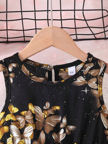 Girl Sleeveless Butterfly & Starry Sky Printed Dress With Round Neck, Silk Belt, Vacation Style For Summer