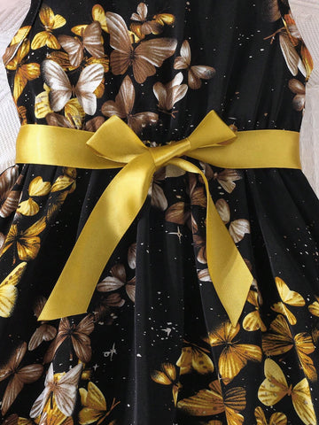 Girl Sleeveless Butterfly & Starry Sky Printed Dress With Round Neck, Silk Belt, Vacation Style For Summer