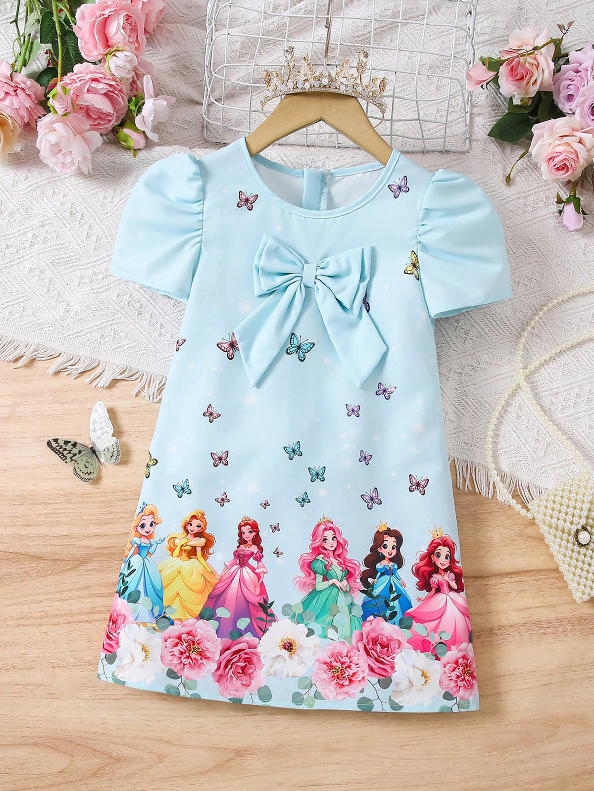Girl (Small) Round Neck Short Sleeve Butterfly Decor Print Dress