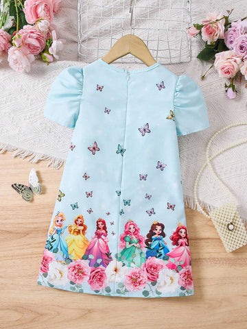 Girl (Small) Round Neck Short Sleeve Butterfly Decor Print Dress