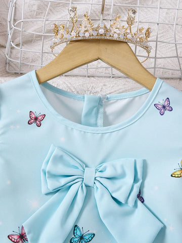 Girl (Small) Round Neck Short Sleeve Butterfly Decor Print Dress