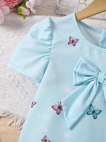 Girl (Small) Round Neck Short Sleeve Butterfly Decor Print Dress