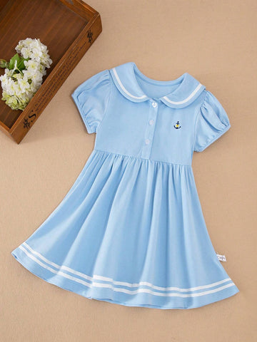 Girl Stand Collar Academy Style Short Sleeve Dress For Summer
