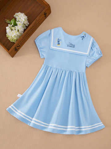 Girl Stand Collar Academy Style Short Sleeve Dress For Summer