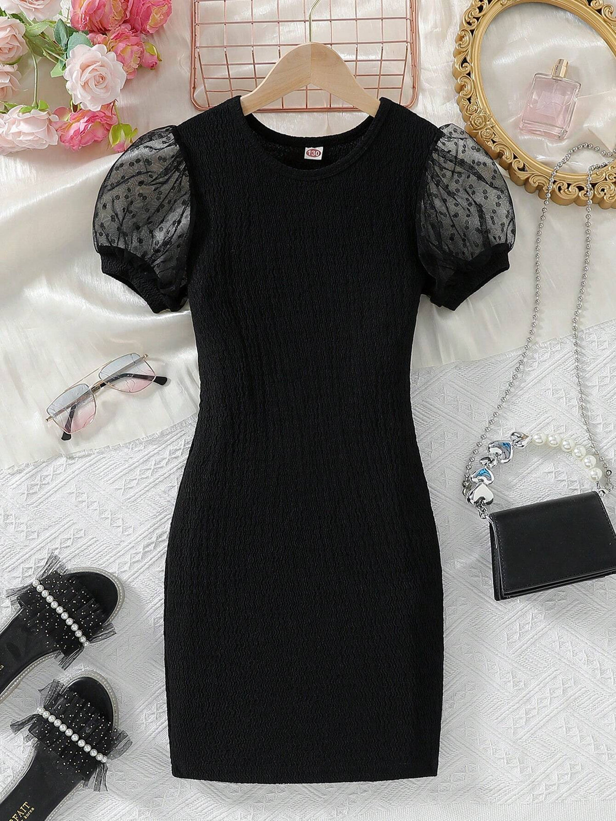 Girl Stretch Bodycon Dress With Mesh, Bubble Sleeves, And Shoulder Straps For A Slim Fit