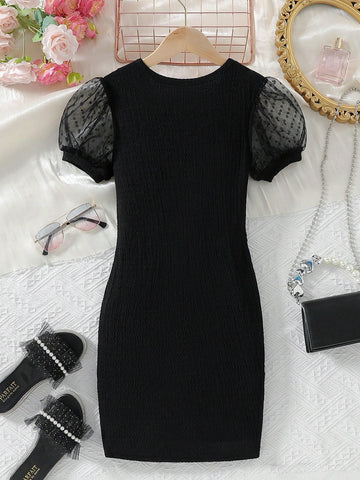 Girl Stretch Bodycon Dress With Mesh, Bubble Sleeves, And Shoulder Straps For A Slim Fit