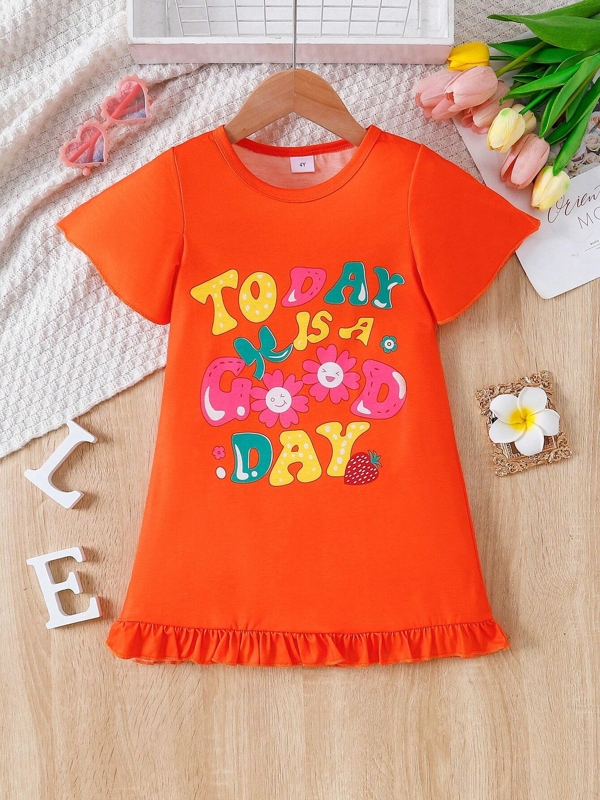 Girl Summer Colorful Flower & Letter Printed Sleeveless Dress, Cute Vacation Style