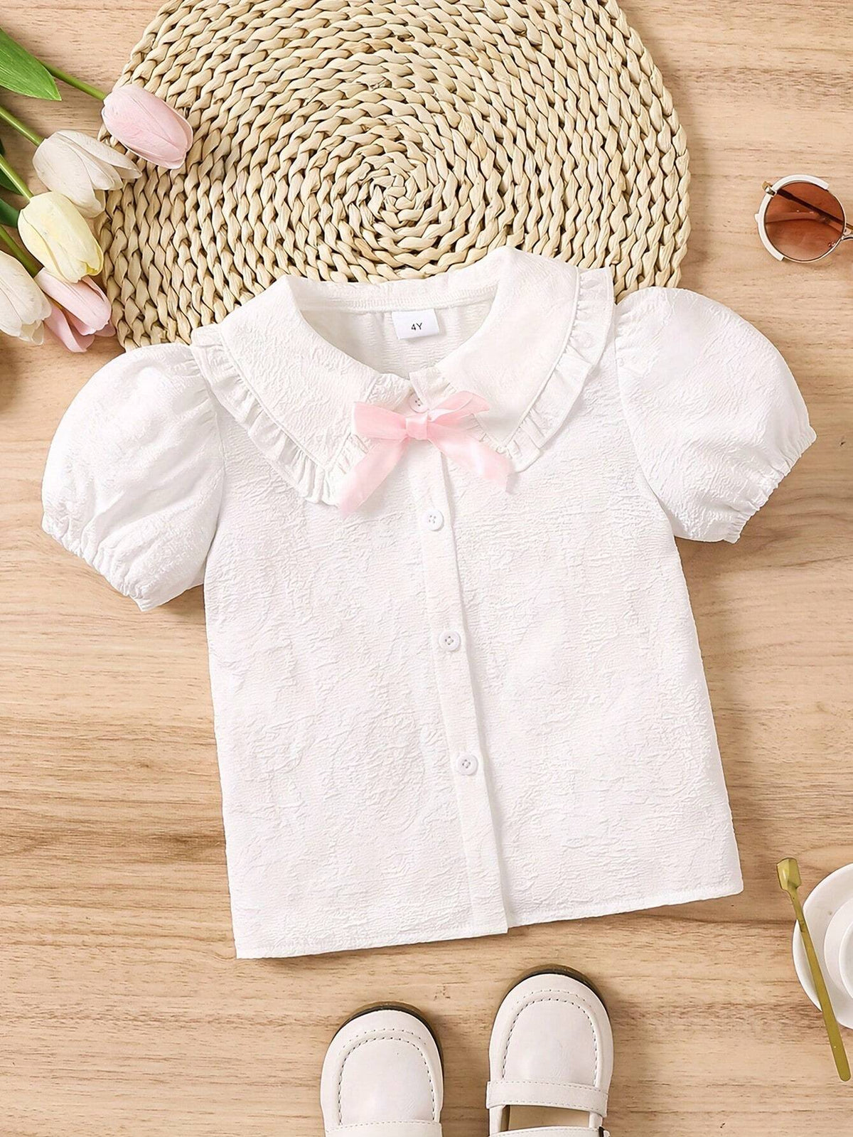 Girl Summer Fashion Simple Princess Sleeve Turn-Down Collar Bow Decor Jacquard Shirt