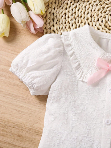 Girl Summer Fashion Simple Princess Sleeve Turn-Down Collar Bow Decor Jacquard Shirt