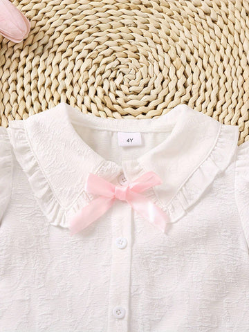 Girl Summer Fashion Simple Princess Sleeve Turn-Down Collar Bow Decor Jacquard Shirt