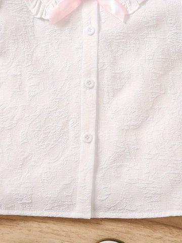 Girl Summer Fashion Simple Princess Sleeve Turn-Down Collar Bow Decor Jacquard Shirt
