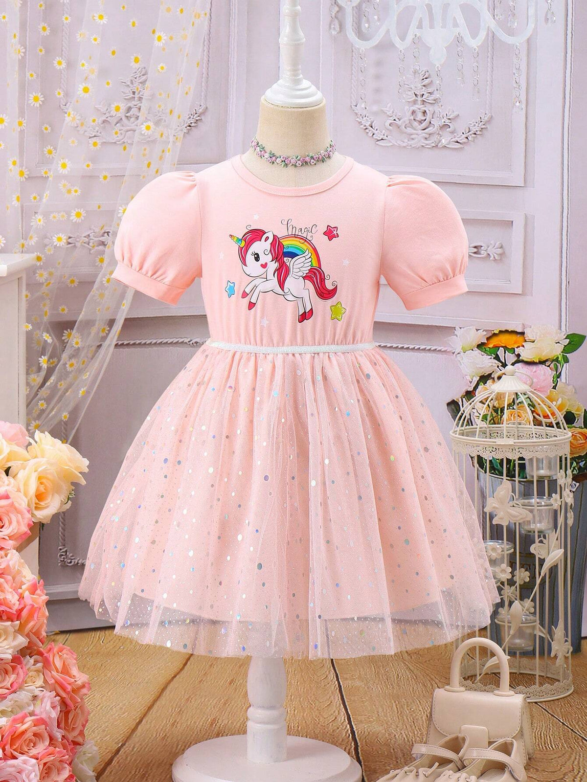Girl Summer New Cotton Unicorn Printed Sequin Mesh Princess Dress