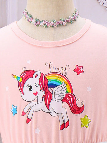 Girl Summer New Cotton Unicorn Printed Sequin Mesh Princess Dress