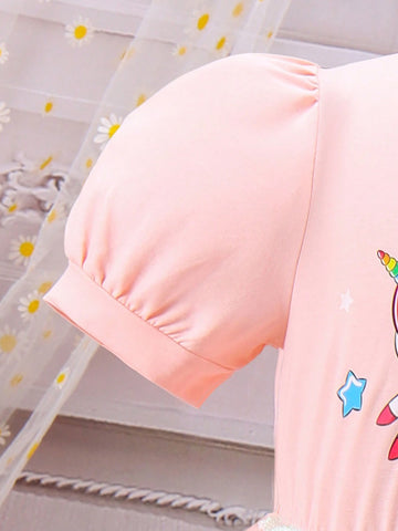 Girl Summer New Cotton Unicorn Printed Sequin Mesh Princess Dress