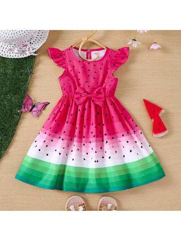 Girl Summer Watermelon Printed Dress With Bowknot