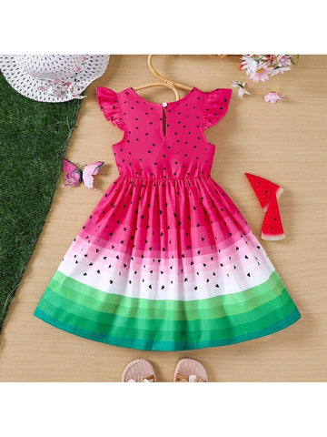 Girl Summer Watermelon Printed Dress With Bowknot