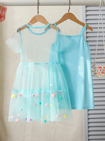 Girl Sweet Lovely Cute Gradient Pink Butterfly Bubble Sleeve Mesh Splice Dress