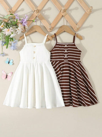 Girl Toddler Casual White And Brown Striped Spaghetti Strap Sundress Summer