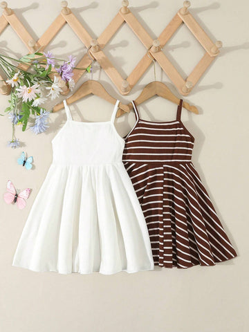 Girl Toddler Casual White And Brown Striped Spaghetti Strap Sundress Summer