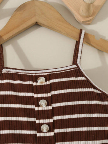 Girl Toddler Casual White And Brown Striped Spaghetti Strap Sundress Summer
