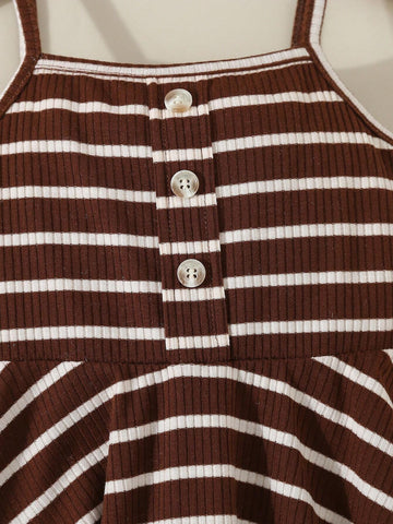 Girl Toddler Casual White And Brown Striped Spaghetti Strap Sundress Summer