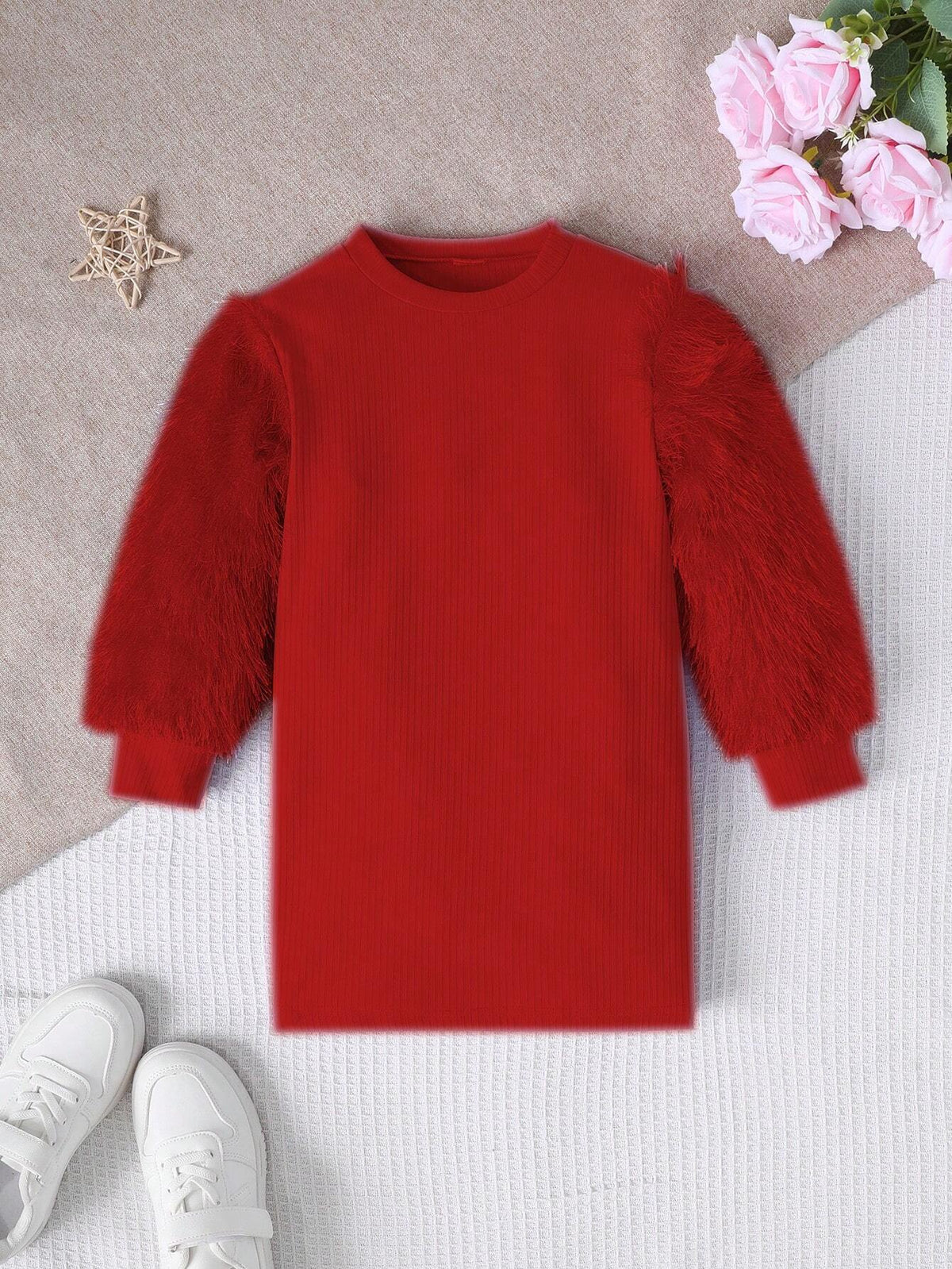 Girl Toddler Stylish Elegant Plush 3D Fringe Long Sleeve Lined Dress For Spring, Summer And Autumn