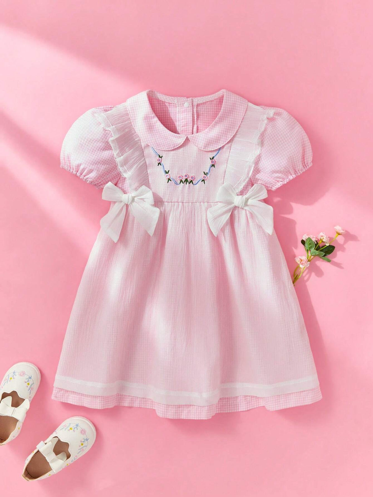 Girl Toddler Summer Pink Faux 2 In 1 Dress With Floral Embroidery
