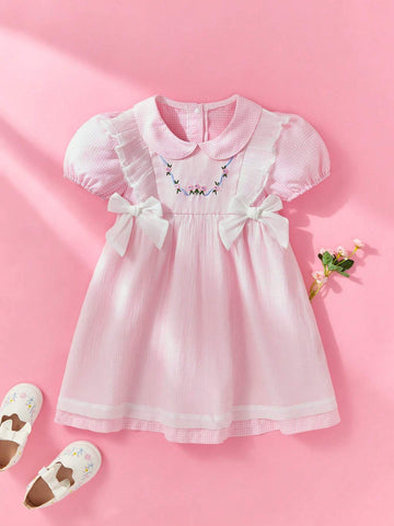Girl Toddler Summer Pink Faux 2 In 1 Dress With Floral Embroidery