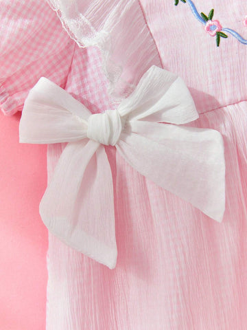 Girl Toddler Summer Pink Faux 2 In 1 Dress With Floral Embroidery