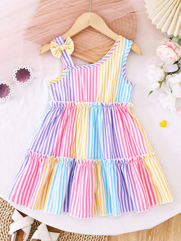 Girl Toddlers' Fashion Gradient Striped Sleeveless Oblique Shoulder Strap Dress Set