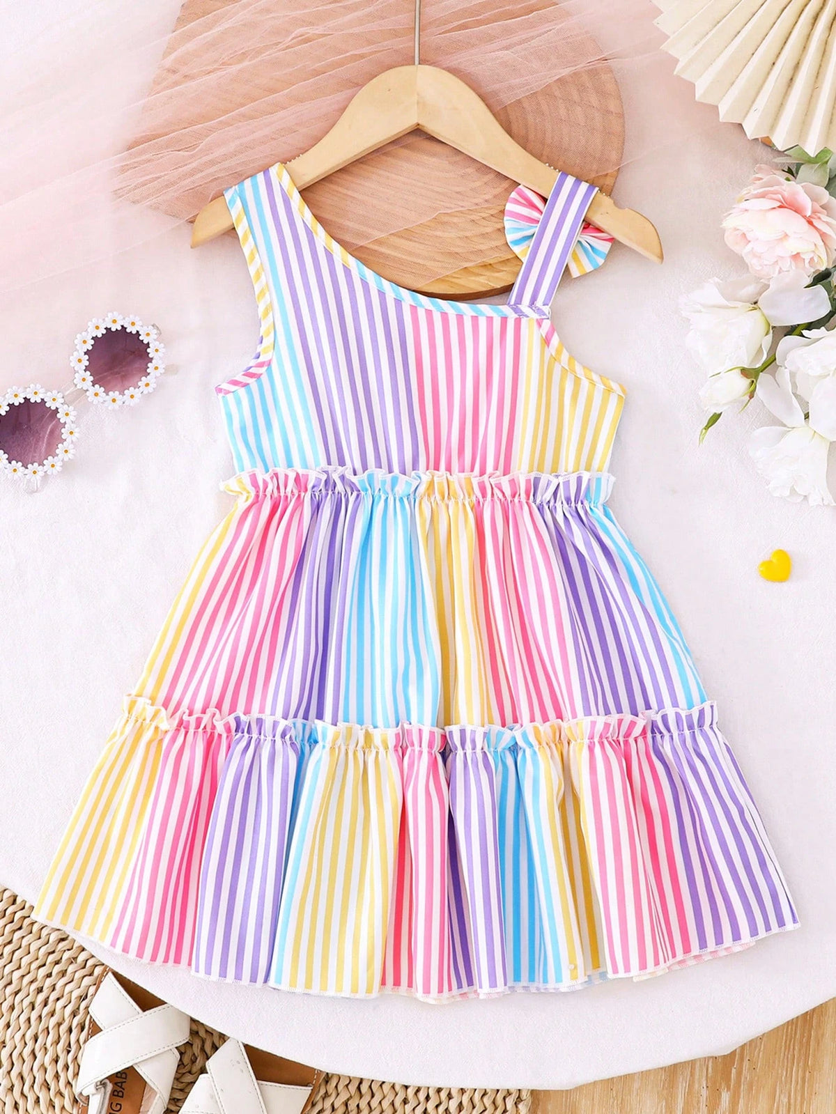 Girl Toddlers' Fashion Gradient Striped Sleeveless Oblique Shoulder Strap Dress Set