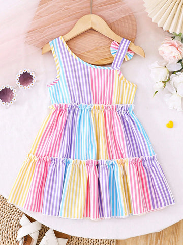 Girl Toddlers' Fashion Gradient Striped Sleeveless Oblique Shoulder Strap Dress Set