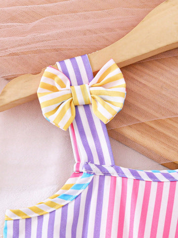 Girl Toddlers' Fashion Gradient Striped Sleeveless Oblique Shoulder Strap Dress Set