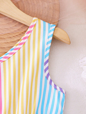 Girl Toddlers' Fashion Gradient Striped Sleeveless Oblique Shoulder Strap Dress Set