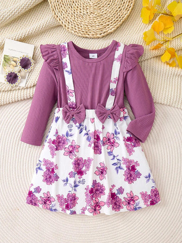 Girl Trendy Purple Floral Lace Patchwork Long Sleeve Dress