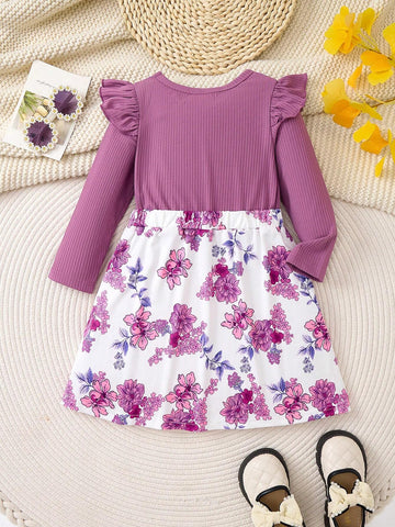 Girl Trendy Purple Floral Lace Patchwork Long Sleeve Dress