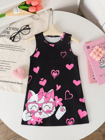 Girl Valentine's Day Cartoon Heart & Cat Print Sleeveless Dress