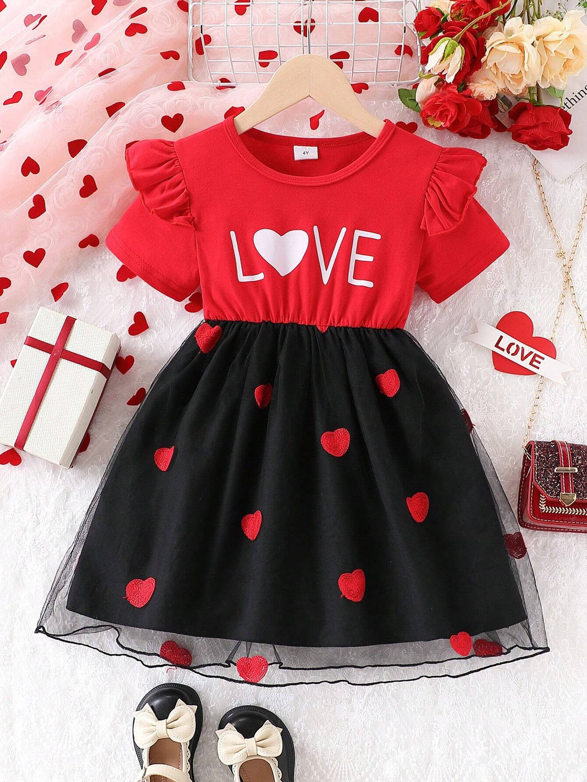 Girl Young Girl' Heart Print Cap Sleeve Mesh Casual Comfortable Fashion Mini Dress, Spring/Summer